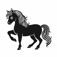 Shetland pony silhouette. A black silhouette image of a Shetland pony, also known as a small horse breed, symbolizing rustic charm and equestrian beauty. Vector clipart black illustration design.