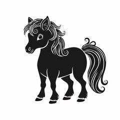Shetland pony silhouette. A black silhouette image of a Shetland pony, also known as a small horse breed, symbolizing rustic charm and equestrian beauty. Vector clipart black illustration design.