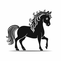 Shetland pony silhouette. A black silhouette image of a Shetland pony, also known as a small horse breed, symbolizing rustic charm and equestrian beauty. Vector clipart black illustration design.
