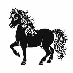 Shetland pony silhouette. A black silhouette image of a Shetland pony, also known as a small horse breed, symbolizing rustic charm and equestrian beauty. Vector clipart black illustration design.
