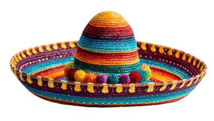 Colorful sombrero, vibrant rainbow stripes, pom-poms adorn brim