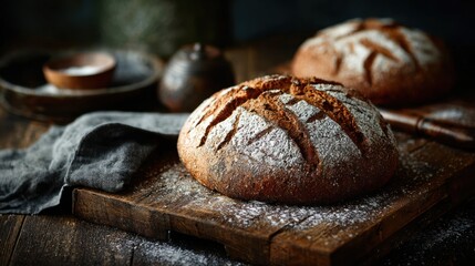 Freshly baked artisanal bread rests on a wooden board, dusted with flour. The warm, rustic atmosphere enhances the appeal, making it an inviting scene for culinary enthusiasts.