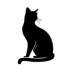 Cat silhouette sitting. A black silhouette of a sitting cat in a calm and relaxed posture with visible tail and ears. Vector clipart black illustration design.