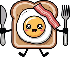Adorable Egg and Bacon on Toast Cartoon Character with Cutlery Arms and Legs Isolated