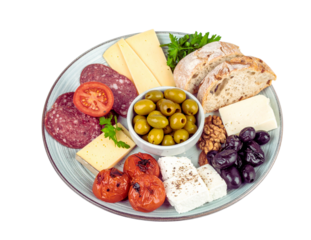 Delicious charcuterie board with cheese meats olives tomatoes and bread isolated on transparent background