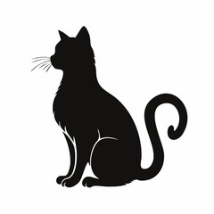 Cat silhouette sitting. A black silhouette of a sitting cat in a calm and relaxed posture with visible tail and ears. Vector clipart black illustration design.