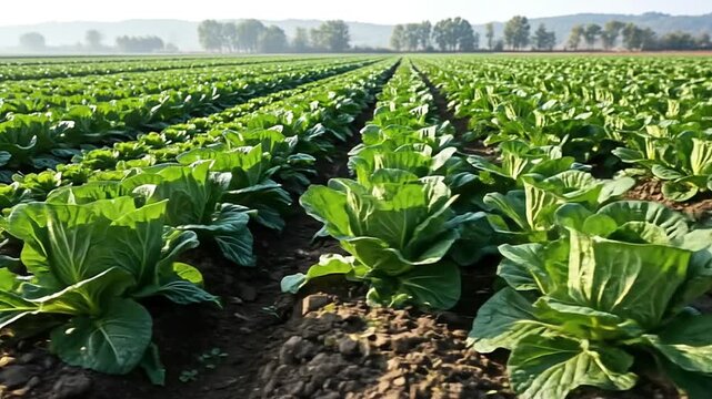 Expansive field of vibrant green cabbage plants growing in neat rows under the bright sun, showcasing healthy agriculture and fresh produce.