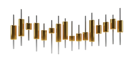 Golden 3D candlestick chart pattern representing financial market trends and stock trading data on a white background.
