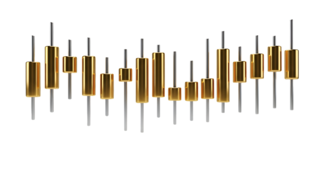 Golden 3D candlestick chart pattern representing financial market trends and stock trading data on a white background.