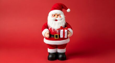 Obraz premium Classic Santa Claus figurine holding wrapped gift on red background — cozy Christmas toy and holiday decor concept