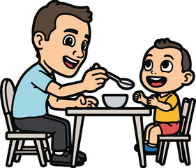 Cartoon Father Feeding Child at Table with Spoon and Bowl on Transparent Background