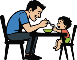 Cartoon Father Feeding Child with Spoon at Table with Bowls on Transparent Backdrop