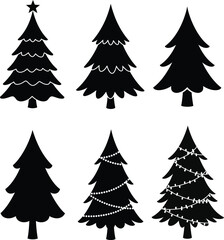 Fototapeta premium Christmas Tree Vector Set of Six Festive Holiday Silhouettes – Black and White Evergreen Illustrations with Star, Ornaments, and Lights for Winter Celebration, Xmas Decoration, Seasonal Greeting Cards