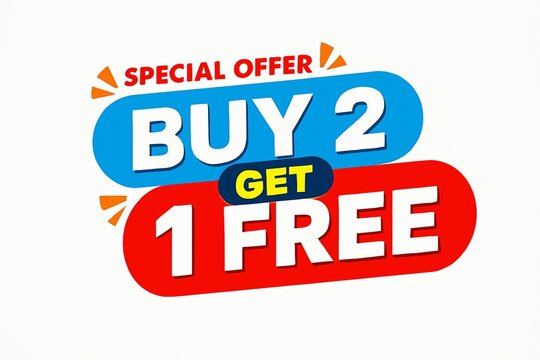 Brightly colored buy two get one free special offer sign with a yellow burst and text on blue and red banners