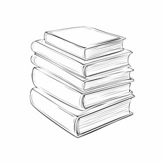Books stacked drawing. It is a black and white outline image depicting a tall stack of books, symbolizing knowledge and education. Vector sketch line art draw.