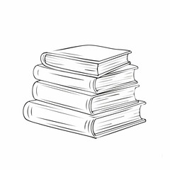Books stacked drawing. It is a black and white outline image depicting a tall stack of books, symbolizing knowledge and education. Vector sketch line art draw.