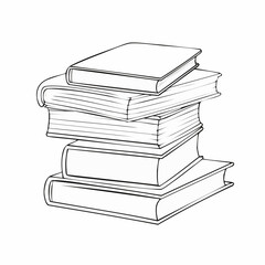 Books stacked drawing. It is a black and white outline image depicting a tall stack of books, symbolizing knowledge and education. Vector sketch line art draw.