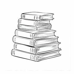 Fototapeta premium Books stacked drawing. It is a black and white outline image depicting a tall stack of books, symbolizing knowledge and education. Vector sketch line art draw.