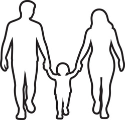 Family Walking Together Holding Hands in a Simple Black and White Outline Style