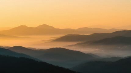 Fototapeta premium Sunrise with Misty Mountains and Sea of Clouds, Ink Wash Painting Style Atmospheric Background