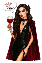 Glamorous vampire girl with a wine glass, Halloween fashion illustration