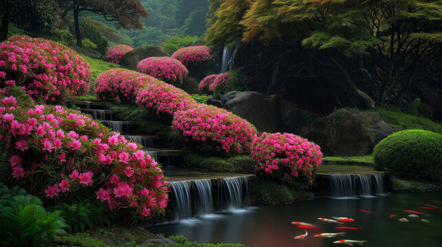 AI generator images of a waterfall cascading down behind it, with ancient stone steps covered with moss, ferns, and flowers. The water is teeming with fish, including colorful carp.