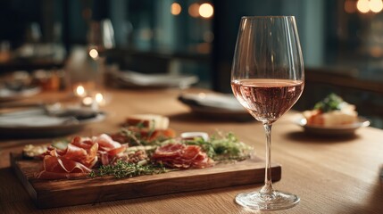 A beautiful setting featuring a glass of rose wine alongside an elegant charcuterie board filled with cured meats, herbs, and artisanal cheeses, perfect for a cozy dining experienc