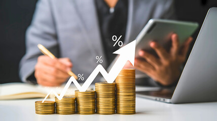 Financial growth and investment success, depicted by stacked coins, a rising arrow, and percentage symbols. A professional conducts business analysis