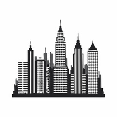 Naklejka premium Gotham city silhouette. This shows a bold black white Gotham city silhouette, also urban skyline, with tall spires and buildings, evoking a dark, mysterious metropolis. clipart illustration design.