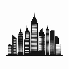 Naklejka premium Gotham city silhouette. This shows a bold black white Gotham city silhouette, also urban skyline, with tall spires and buildings, evoking a dark, mysterious metropolis. clipart illustration design.