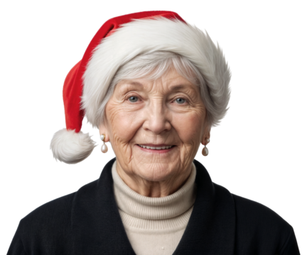 a portrait of a smiling older woman wearing a santa hat - Powered by Adobe