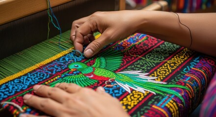 hands weaving colorful fabric on traditional loom, featuring vibrant quetzal bird design. craftsmanship and guatemala cultural heritage. textile art, artisan crafts, fashion.