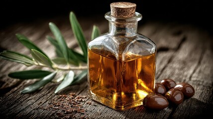 A beautifully arranged bottle of olive oil sits on a rustic wooden surface, surrounded by olives and olive leaves