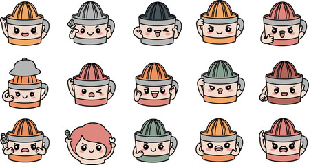 Cartoon citrus juicer characters show emotions.
