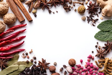 Aromatic frame of various spices and herbs on a white background for cooking.