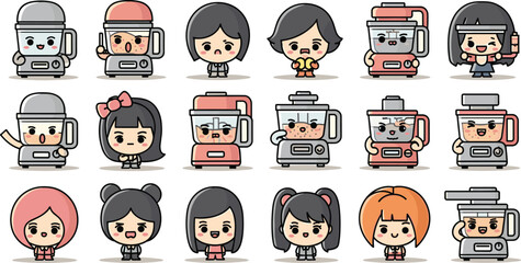 Cartoon character collection: blenders and people with kawaii faces.