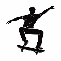 Skateboarder silhouette. This image shows a black silhouette of a skateboarder performing a trick, showcasing balance, agility, and dynamic motion. Vector clipart illustration design.