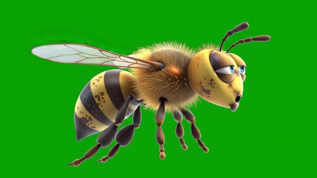 A cartoon bee flying near a beehive on green background with white space