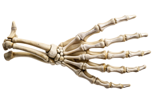 Detailed realistic skeleton hand isolated for anatomical and medical projects transparent background