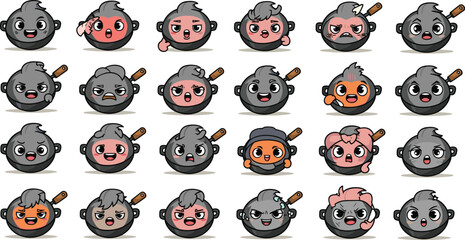 Cartoon pans with various faces showing emotions and expressions in rows