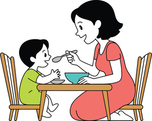 Mother Feeding Child at Table Illustration Depicting Family Mealtime and Childhood Care