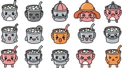Cartoon ice bucket characters with various cute emotions, some with accessories.