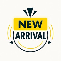 Bright yellow and black new arrival text graphic with radiating lines and geometric shapes announcing a product launch or sale