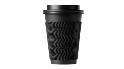 A high-quality product shot of a blank black coffee cup with a ripple sleeve, presented cleanly on a seamless white background for easy commercial use.