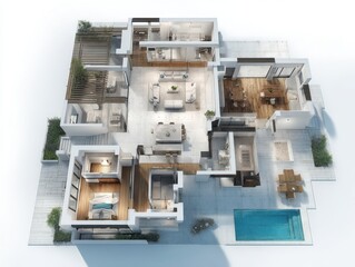 A floor plan of a house with a pool and a large open living room. The living room has a couch and a chair