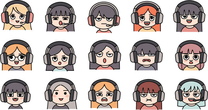 Cartoon avatars with headphones show varied expressions.