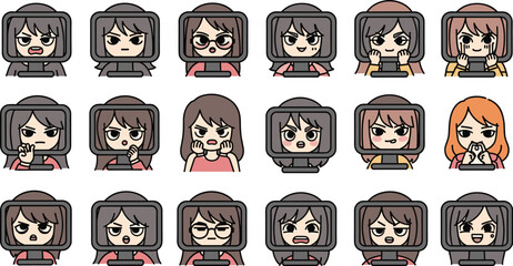 Obraz premium Cartoon girls with screen faces displaying emotions in a grid arrangement