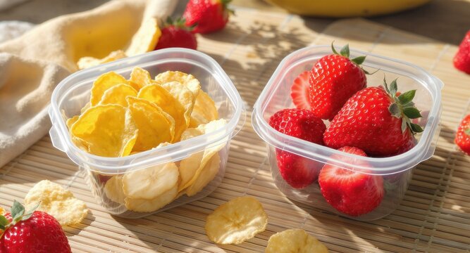 Healthy snack options fresh strawberries and crunchy banana chips kitchen table food photography bright natural light nutritional choices