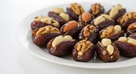 Obraz premium A close-up shot of delicious dates filled with nuts, elegantly arranged on a white plate. The dates appear plump and succulent, contrasting with the textures of the nuts