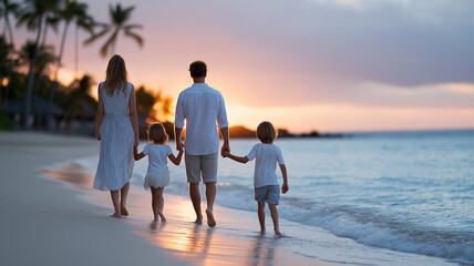 Warm tropical beach sunset scene with happy family walking hand in hand along shoreline, silhouettes against golden sky, unity love togetherness and carefree summer vacation lifestyle captured from be
